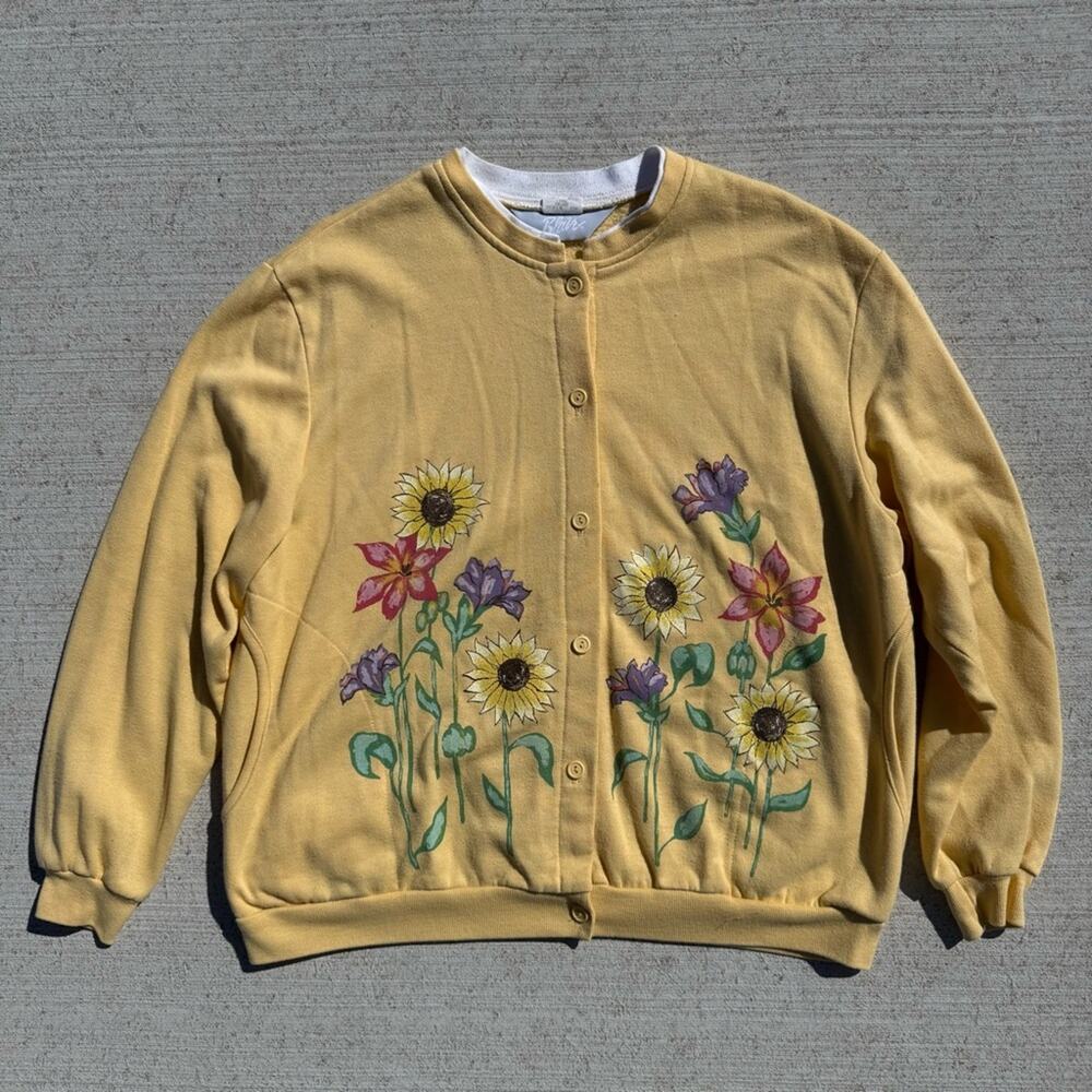 Vintage 90s Blair Floral Garden Yellow Button Up Sweatshirt Granny Cardigan LG